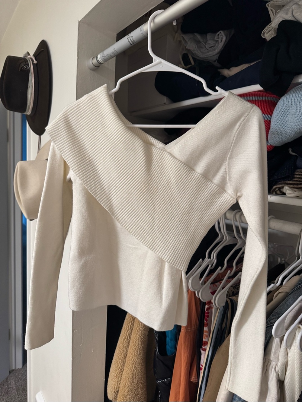Off-Shoulder Ribbed Panel Sweater - Cream - Picture 2 of 3